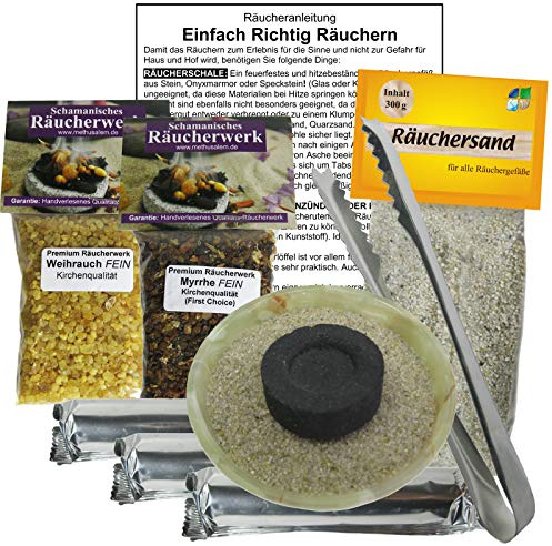 Räuchern-Starter-Set 9-TLG für jedes Räucherwerk MIT Weihrauch & Myrrhe zum Räuchern + 30 Tabs Räucherkohle + Räucherzange + Räucherschale + ZUBEHÖR + Anleitung. 81116-7G