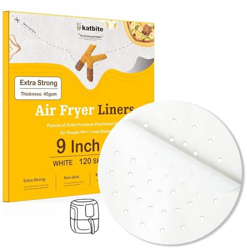 katbite 120 Pièces 9 pouces Papier Parchemin Résistant de Revêtements de Friteuse à Air, Papier Parchemin Perforé Rond pour Friteuse à Air, Extra fort, pas de Brûlure, pas Gratuitv
