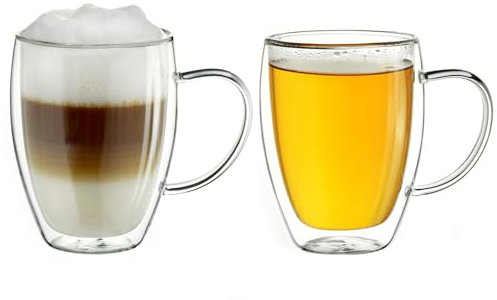 Creano Tazza Thermos a Doppia Parete in Vetro Borosilicato con Manico - 2x 400ml DG-SH - Set 2 Pezzi per Cappuccino Caffè Tè Latte Bicchieri Isolanti Trasparenti Design Elegante Regalo Perfetto