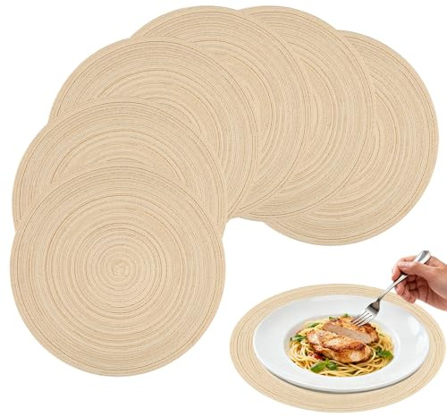 wiipara 6er Set Runde Tischsets aus Baumwolle (38 cm) - Geflochtene, Abwaschbare Platzsets - Hitzebeständig & Schmutzabweisend - Ideal für Küche, Esszimmer, Weihnachten, Feste und als Tischdeko, Beige