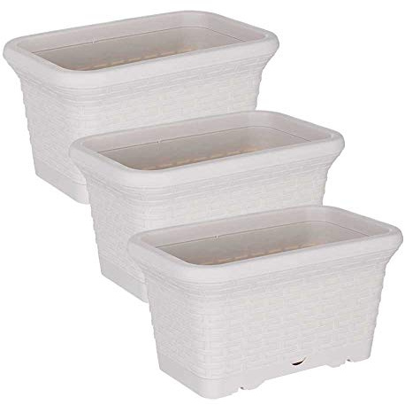 Serinova Jardinera Balcón, Maceta 33 cm. Largo, Set 3 Unidades, Efecto Mimbre 6,5 litros (Blanco)