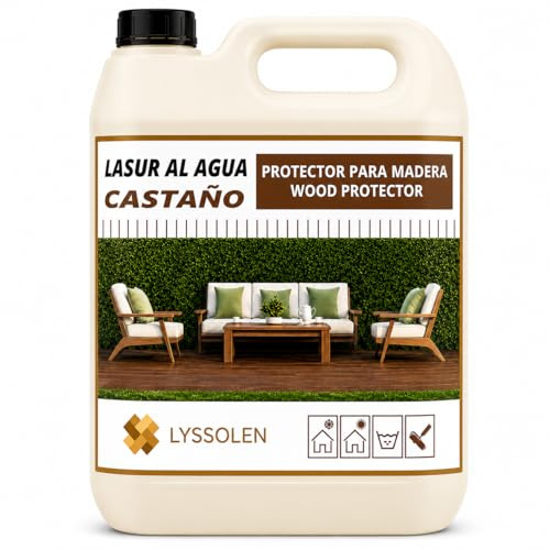 LYSSOLEN Lasur Protector Barniz Madera Exterior e Interior | Al Agua, Poro Abierto, Satinado Color Castaño | Impermeabilizante con Filtro UV para Terrazas, Vallas, Pérgolas y Vigas | 8 Años | 5 Litros