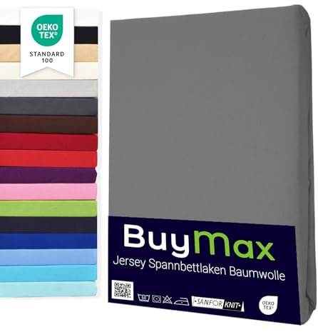 Buymax® Spannbettlaken 140x200cm Baumwolle 100% Spannbetttuch Bettlaken Jersey, Matratzenhöhe bis 25 cm, Farbe Anthrazit-Grau ÖKO TEX Standard