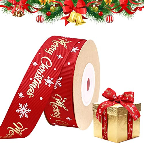 Geschenkband Weihnachten, 9M Rot Weihnachtsbänder mit Schneeflocke für Basteln Weihnachten Satinband Ripsband Schleifenband Dekoband für Weihnachtskuchen Karten Kränze Weihnachtsbaum (25 mm)