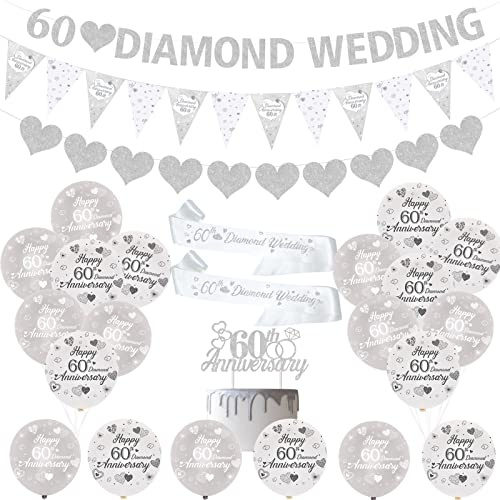 JOYMEMO 60. Hochzeitstag Dekorationen Silber Diamant 60. Jahrestag Luftballons Banner Herz Ringe Tortenaufsatz Satin Schärpe für 60. Jahrestag Party Supplies