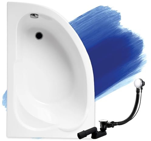BADLAND Badewanne Original Weiß Acryl Wanne Eckbadewanne STANDARD 130x85 Links KOMPLETTSET SET + Füßen und Exklusive Chrom Automatik Ablaufgarnitur Made in EU 3in1