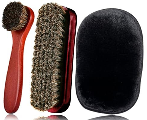 KY-Tech Shoe Brush, Shoe Polish Brush Shoe Shining Brush Shoe Cleaning Brushes Premium Horsehair Brush Boot Brush with Plush Polishing Glove for Boot, Shoe, Car Seat, Sofa Buffing Polishing (Black)