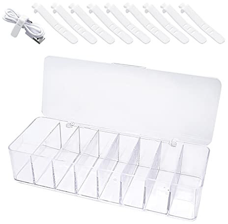Data Cable Storage Box Transparent with 8 Compartments, Hub Sorting Box, Cable Box Cable Organizer, Plastic Cable Management Box with Lid, Storage Box for Chargers and Power Strips with 10 Wire Ties