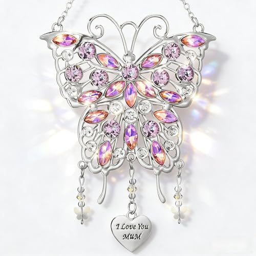 Johiux Mum's Gift for Mothers Day,Birthday,Butterfly Suncatcher Wind Chime I Love You Mum Charm Window Decor,Glittering Rhinestones Butterfly for Mum from Son Daughter.
