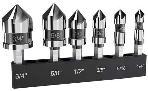 M35 Cobalt Countersink Drill Bit Pro-Grade 6pc Cobalt Countersink Bits Set | 5-Flute Design for Metal/Wood/Stainless Steel/Carbon Steel | Auto Repair & Marine Use | 1/4 Inch Quick Change Hex Shank