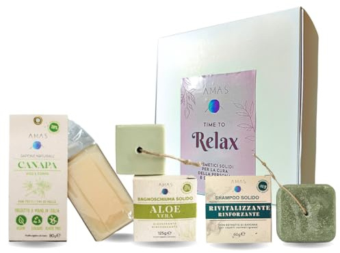 AMAS Beauty-Box – 3 Stück – Herren/Damen: 1 festes Duschgel + 1 festes Shampoo + 1 Hand-/Gesichtsseife – handgefertigt in Italien – Natur – VEGAN