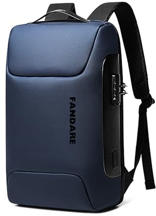 FANDARE Stöldsäker ryggsäck, skolryggsäck med USB-laddningsport, unisex, med fack för 15,6-tums bärbar dator, vattentät ryggsäck/skolväska, praktisk på affärsresor, Blå A, L
