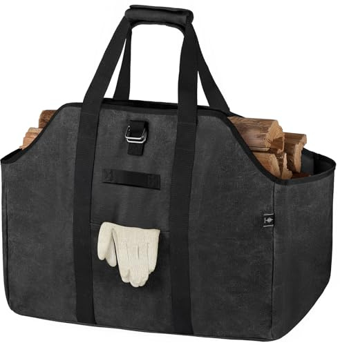 BONTHEE kaminholztasche Kaminholz Holzkorb Tragetasche Brennholztasche Kaminholzträger gewachstes Segeltuch wasserdicht Extra Groß Freistehende Holztragetasche - Schwarz