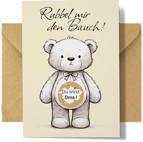 Du wirst Oma - Rubbelkarte zum Schwangerschaft Verkünden | Set mit Kraftpapier Umschlag, fertig mit goldenem Kratzfilm für Baby Ankündigung