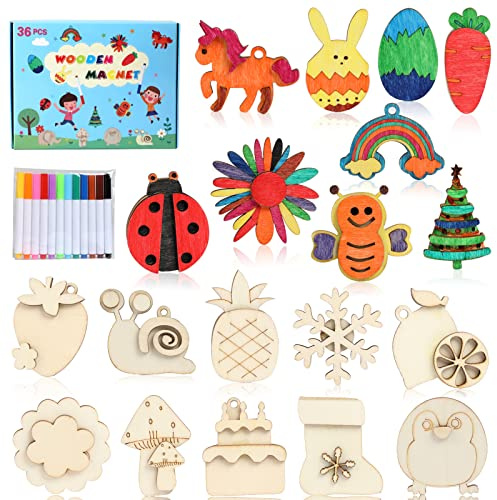 Worgree DIY Wooden Magnets, 36 pcs Wooden Art Craft Supplies Painting Kit for Kids Party Favors for Boys Girls Ages 4-8 8-12 Birthday Easter Crafts Gifts Toys Basket Goodie Bag Stuffers