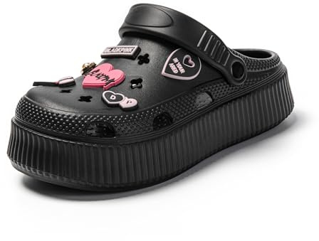 JOMIX Chanclas Mujer Verano Zuecos Mujer Plataforma con Decoraciones Chanclas Playa Mujer con Correa Trasera Piscina Mar Ducha Baño, Negro, 37-38 EU
