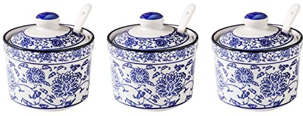 Pot à épices en porcelaine, sucrier, sucrier chinois en porcelaine bleue et blanche avec couvercle, sucrier en porcelaine avec cuillère, petit pot à sel, restaurant bleu et blanc simple ( Color : Blue