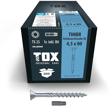 TOX Holzbauschrauben TIMBR SK 4,5 x 80 mm, blau verzinkt mit Senkkopf, TX25, Schrauben für leichtes Eindrehen und bündige Montagen im Holzbau, 200 Stück im Karton, inkl. 1x Bit, 112040414580