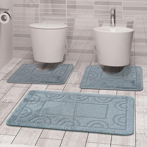 Comart, Nicole - Juego Completo de 3 Piezas para baño, Secado rápido, Base Antideslizante de látex, Color Liso, para la Ducha y la bañera, para Inodoro y bidé, Lavable a máquina, Color Gris