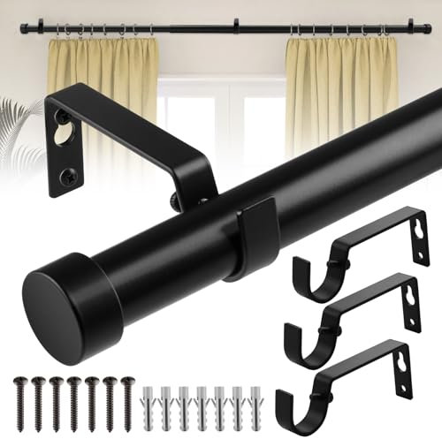 ALLisWE Extendable Curtain Pole Set 45-114cm,2.3cm Heavy Duty Adjustable Curtain Rod with 3 PCS Brackets and Cap Finials Matt Black Curtain Poles for Eyelet Curtains Living Room Bedroom or Kitchen