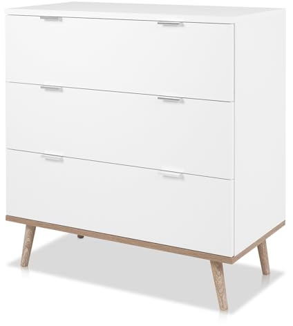 KHG Kommode 3 Schubladen Scandi, Sideboard aus Holzwerkstoff weiß foliert | für Wohnzimmer und Esszimmer, 80x86x40 cm (B/H/T), Schublade, für Stauraum und Ordnung, pflegeleicht im Alltag