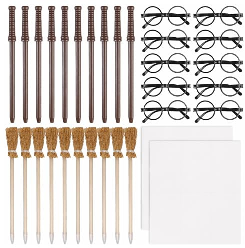 Juego de 42 accesorios mágicos: 10 lápices varita + 10 escobas brujas + 10 marcos redondos + 12 tatuajes flash, apto para fiestas de tema mágico
