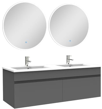 AICA Ensemble Meubles Salle de Bain Double Vasque 120cm + Miroir Rond Lumineux Anthracite