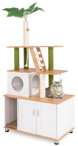 Tangkula Cat Tree with Litter Box Enclosure, 2-in-1 Cat Tower with Condo, Sisal Scratching Posts, Hanging Rope, Dangling Balls, Scratching Pad, Hidden Litter Box Furniture for Indoor Cats (White)