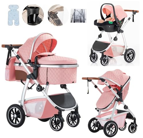 Lnhcrbs Passeggino Trio,Passeggino Leggero è Dotato di Un Maniglione Regolabile in Altezza,Passeggino Reversibile è Dotato Anche di Seggiolino Auto, Zanzariera e Borsa Per La Mamma, Portabicchieri