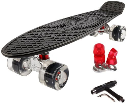FunTomia Skateboard 57cm Mini-Cruiser Board mit T-Tool, ABEC-9 Kugellager, LED Rollen, Kinder Anfänger (Schwarz mit Schwarze LED Rollen)