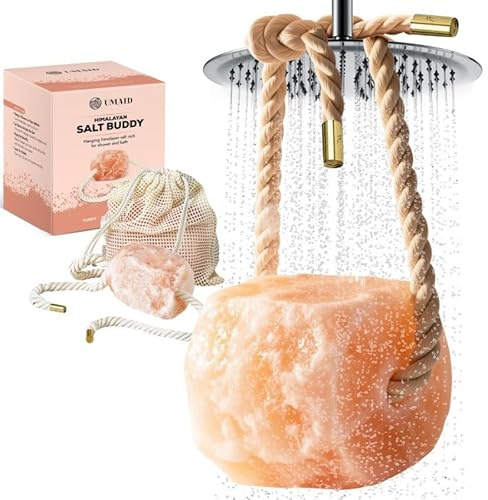 UMAID Himalayan Pink Salt Rock for Shower & Bath – Salt Buddy™ 4 lb Hanging Mineral Rock, Mothers Day Gifts for Mom, Wife, Daughter, Solid Himalayan Stone for Spa-Inspired Relaxation & Self-Care