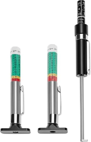 QWORK Tire Tread Depth Gauge 2-Pack + Brake Pad Thickness Gauge Set, Color-Coded 1/32 Inch Tire Tread Gauge (0–1 in), Brake Pad Measuring Tool for Internal & External Pads, for Car Truck Motorcycle