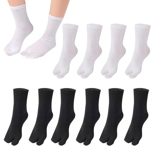 Tabi Socken Zehensocken für Damen & Herren mit Zweiteiler-Design – 6 Paar – Schwarz & Weiß – Bequem, Weich, Dehnbar, Ideal für Flip-Flops