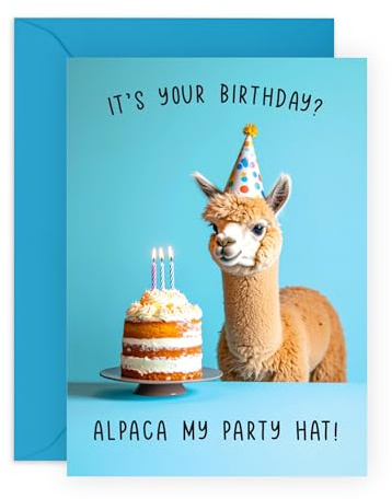 Alpaca Birthday Card – Cute Animal Greeting Card for Him, Her, Son, Daughter, Mum, Dad, Kids, Boy, Girl, Women, Men, Friends – Bday Cake - Comes with Fun Stickers