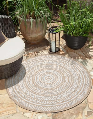 the carpet Mistra – tappeto robusto, moderno, durevole e facile da pulire, per interni ed esterni, soggiorno, ideale per cucina, corridoio e veranda, tessuto piatto, Naturale, 120 cm rotondo
