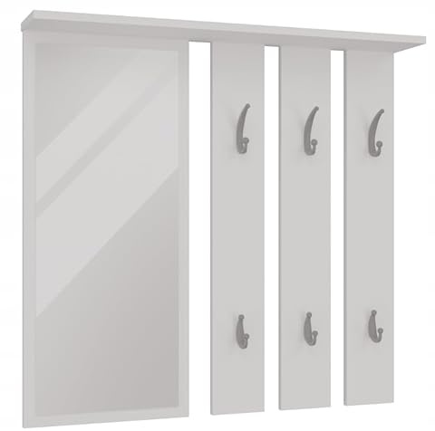 BDW - Wandgarderobe - Garderobe Wand - Wandpaneel mit Spiegel und Ablage - Flurgarderobe Hängend Modern mit Haken - Wandhaken, Kleiderhaken - Weiß Opal - 15x85x82cm