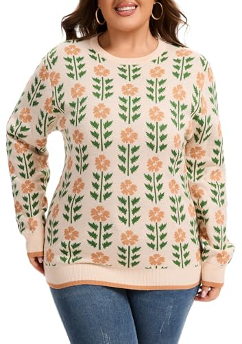 Moon Wood Jerséis Mujer Plus Size Suéter Oversize Tejido Jacquard Casual Invierno Cálido Jersey Manga Larga Cuello Redondo Tallas Grandes