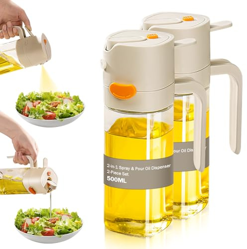 Woobroo 2 Pcs Oil Sprayer 2-in-1 Oil Spray Bottle & Dispenser - 530ml Glass Olive Oil Sprayer for Cooking, BBQ, Salad, Air Fryer
