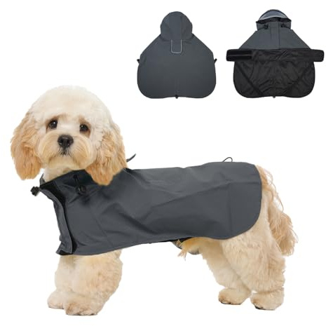 Hjyokuso Regenmantel Hund M, Wasserdicht Hunderegenmantel mit Kapuze, Reflektierende Elemente, Verstellbar, Hundejacke mit Beinschlaufen & Leinenöffnung für kleine mittelgroße große Hunde Grau