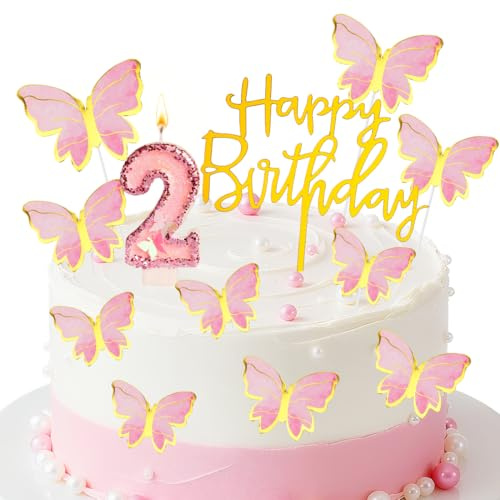 Zahl 2 Schmetterling Geburtstagskerzen,2. Geburtstag Schmetterling Blumenkerze,Rosa Kuchen Topper Dekoration,Geburtstagskerzen für Geburtstagsdeko
