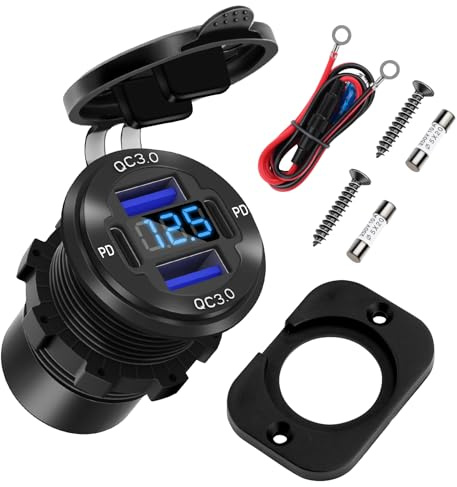 USB Car Charger Socket,12V 4 Port Fast Charging Outlet Panel,Dual 18W QC3.0 USB-A & 30W PD Type C Charger Power Outlet Panel with Switch LED Voltmeter for Car/Boat/Motorcycle/SUV/RV Truck