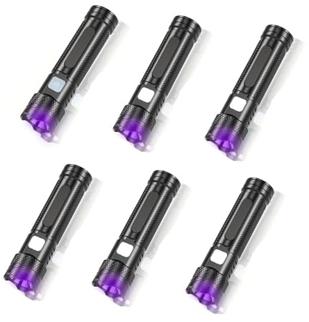 POCKETMAN Paquete de 6 linternas UV de 365 nm con 2 modos de luz, mini luz negra recargable para detección de orina de mascotas, autenticación de moneda y verificación antigua