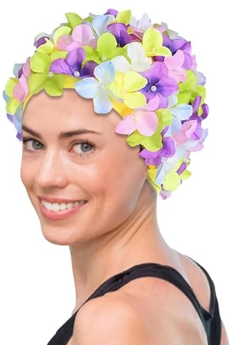 Cuffia da bagno da donna – Petali floreali in broccato, design elegante strutturato, copricapo da bagno estensibile, protezione morbida dei capelli | Eventi a bordo piscina, viaggi in complesso,