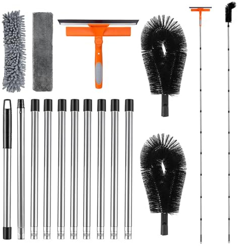 Gutter Cleaning Tools, 14FT/4.3M Gutter Cleaning Brush with 2 Brush Heads, 11 Poles Telescopic and Window Squeegee, Adjustable Telescopic Gutter Cleaner Brush for Roofs Leaves & Gutters