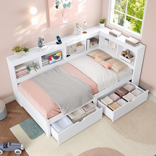 3ft Single L-Shape Wooden Daybed with 2 Storage Drawers and Bookcase Storage, Modern Cabin Bed Frame with Charging Station, Guest Bed Sofa Beds for Living Room Bedroom, White, 90x190 cm, No Mattress