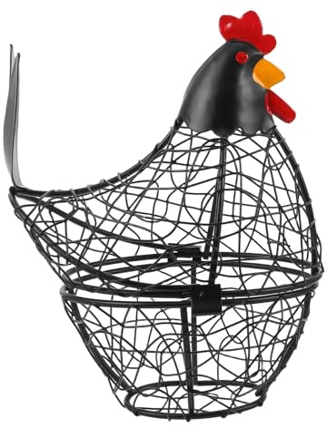 MALUGOGO Cesto Porta Uova in Filo Metallico Nero 17x9x19 cm con Coperchio a Forma di Gallina, Contenitore Ventilato per Uova e Frutta, Organizzatore da Cucina Elegante e Multifunzionale