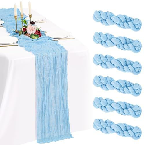Showgeous 6 confezioni di runner da tavola in garza azzurro 10FT Runner da tavola in garza boho Decorazioni romantiche e rustiche per tavoli per feste di matrimonio, baby shower e compleanni