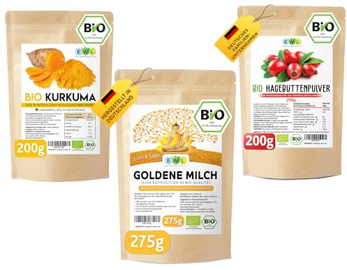 EWL BIO Goldene Milch 275g & Kurkuma Pulver 200g & Hagebuttenpulver 200g, Set aus 3 hochwertigen BIO Produkten