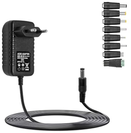 Adaptador universal de CA a CC 12 V, 2 A, 24 W, cargador universal con conector de 5,5 mm x 2,1 mm, cable de 1,5 m, 8 corrientes CC, transformador de alimentación conmutada
