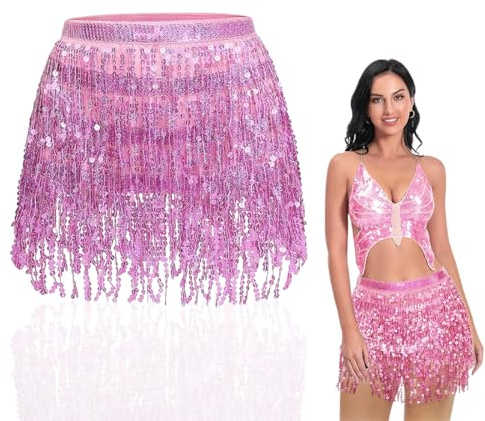 FHRYNA Falda de lentejuelas con borlas para danza del vientre, 4 capas, ideal para festivales, discotecas, playa y disfraces (rosa).